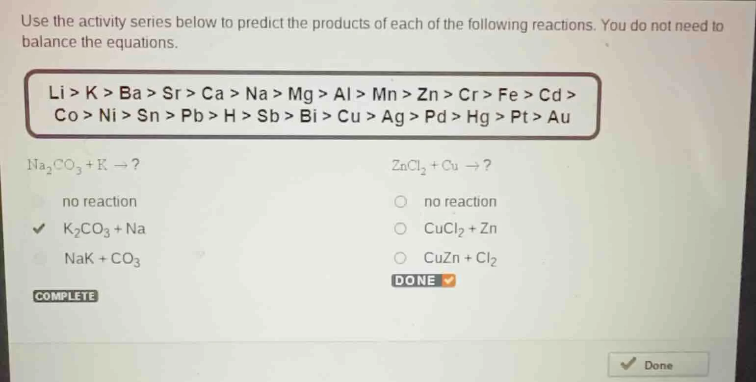 use the activity series below to predict the products of each of the fo…