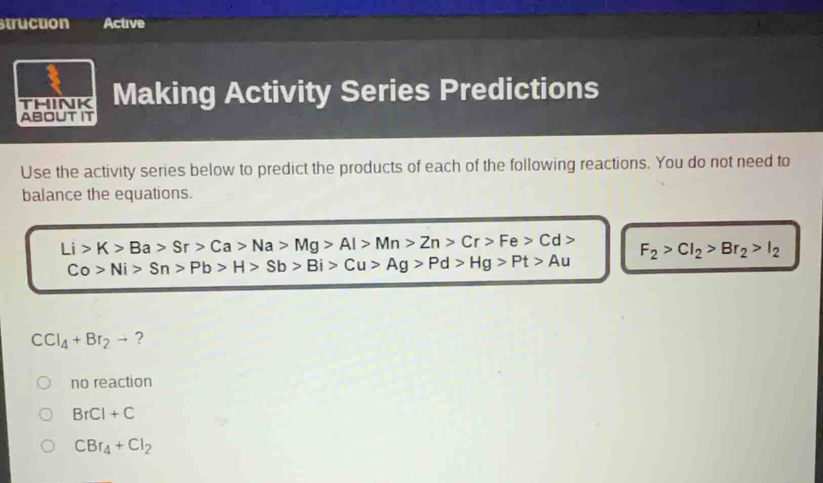 making activity series predictions use the activity series below to pre…
