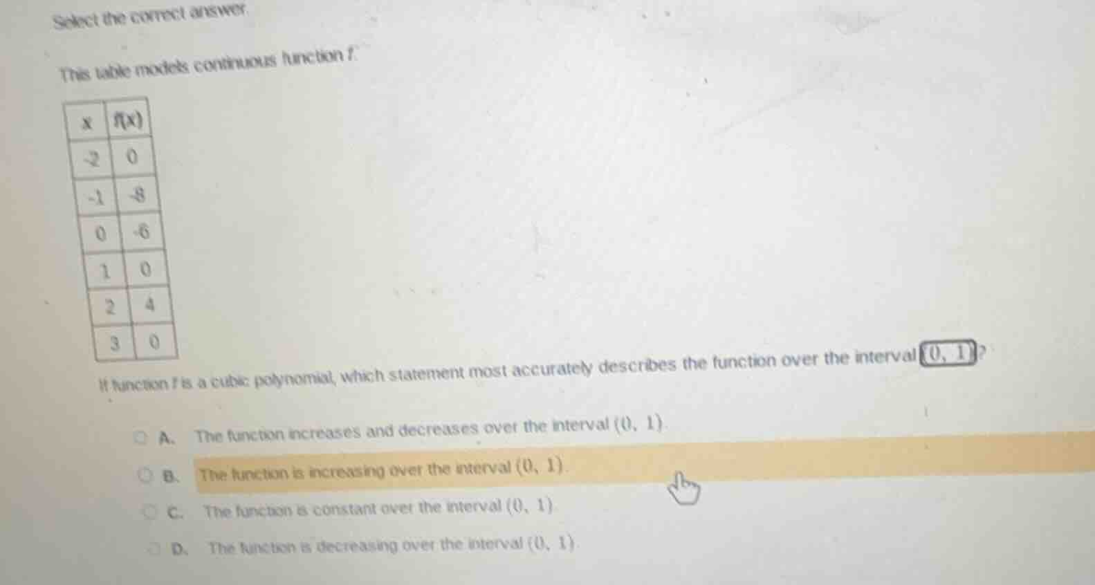 select the correct answer. this table models continuous function $f$. |…