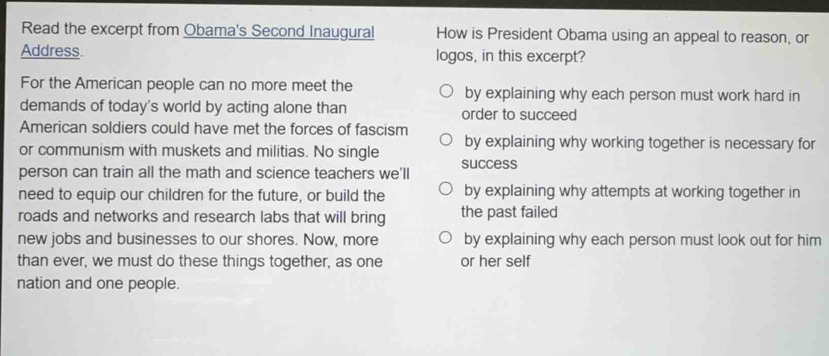 read the excerpt from obamas second inaugural address. for the american…