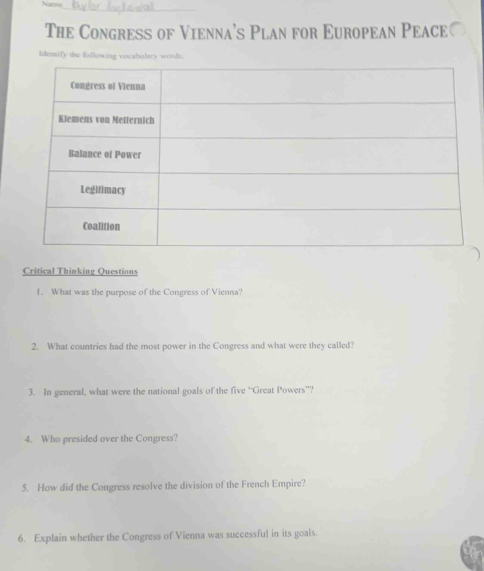 the congress of viennas plan for european peaceidentify the following v…