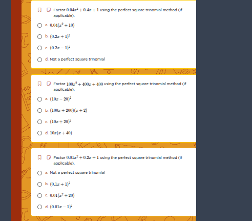 factor $0.04x^{2}+0.4x + 1$ using the perfect square trinomial method (…
