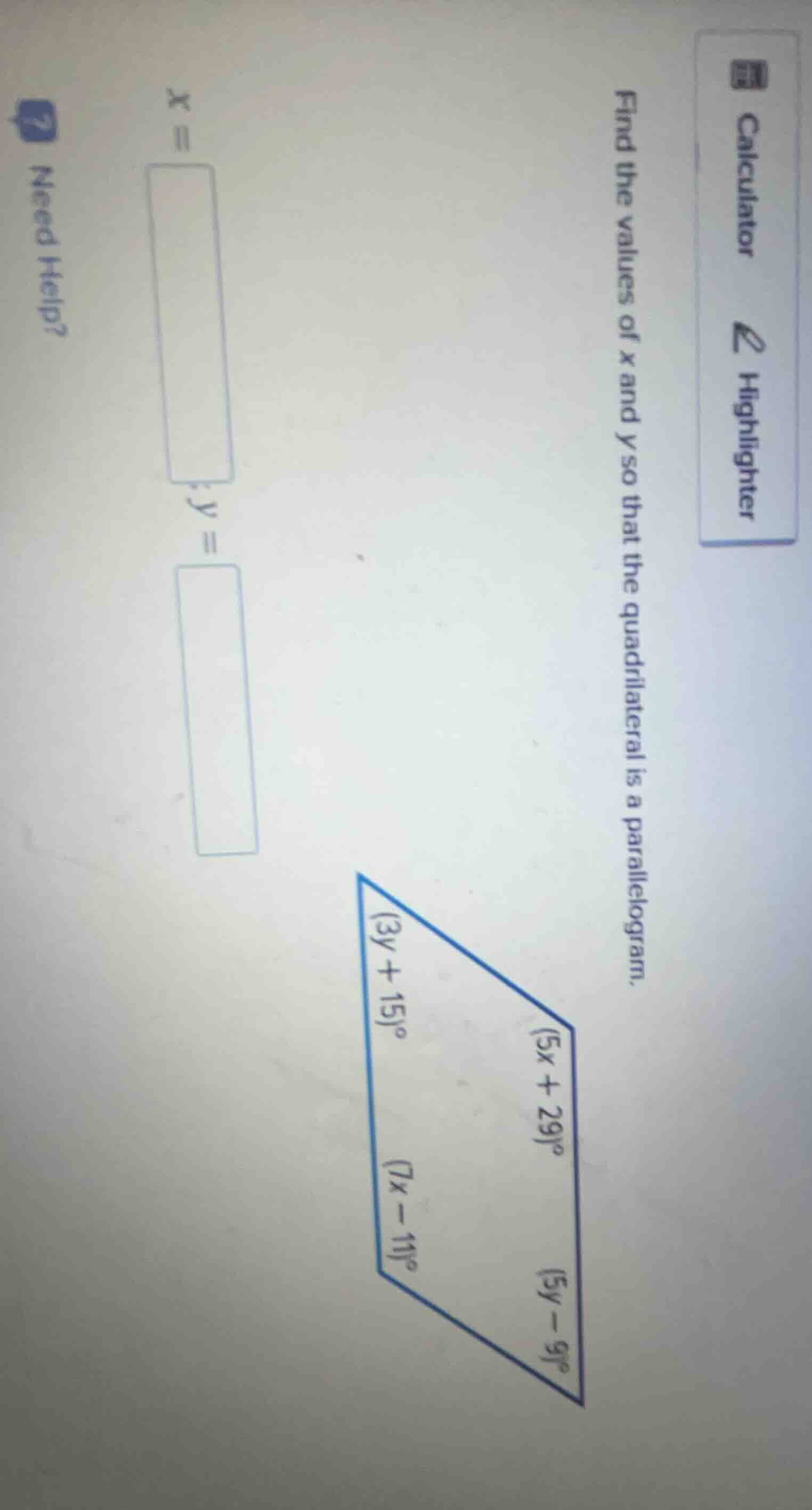 find the values of x and y so that the quadrilateral is a parallelogram…