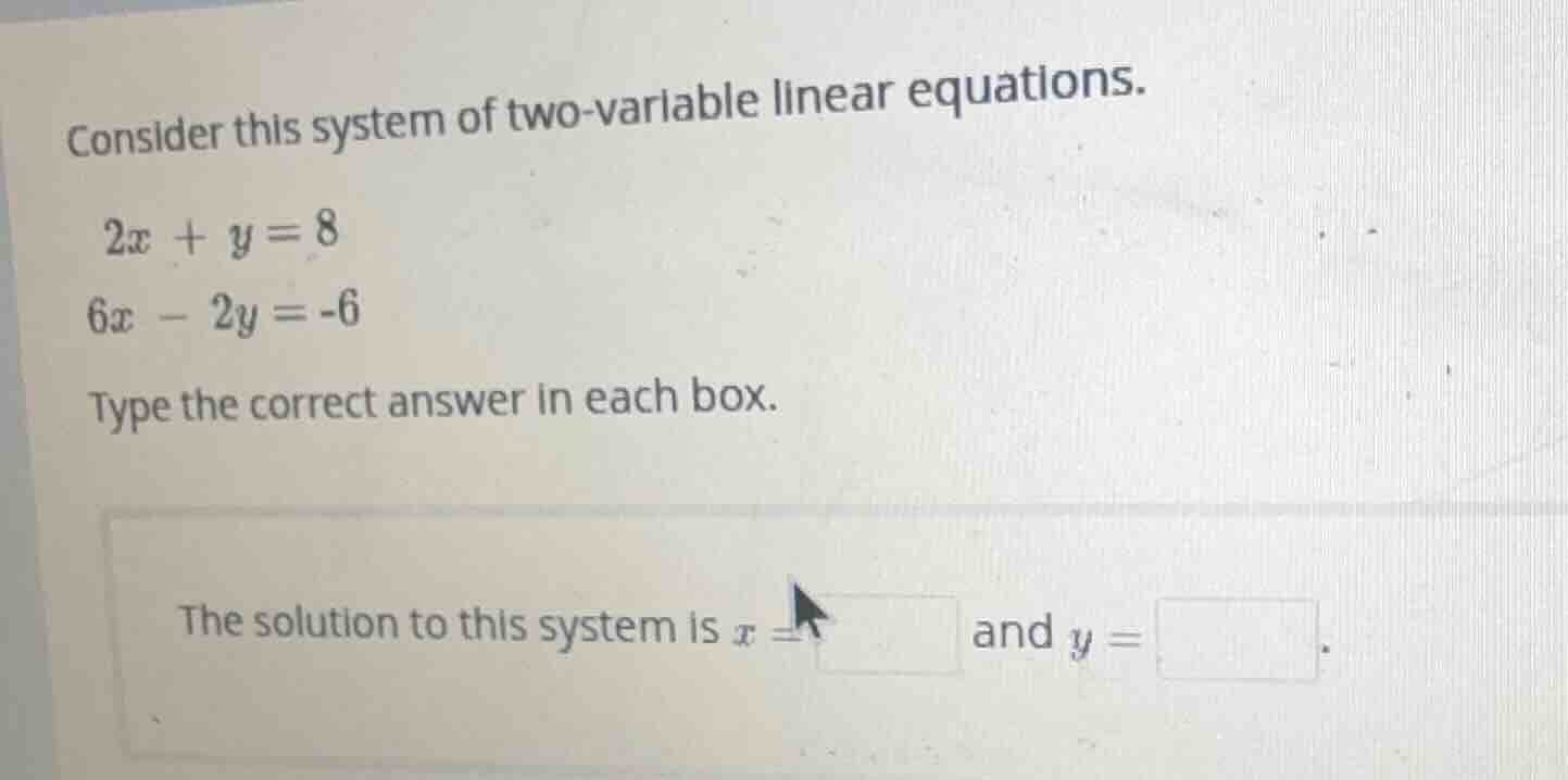 consider this system of two-variable linear equations. $2x + y = 8$ $6x…