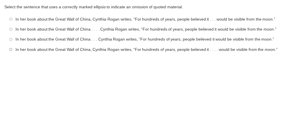 select the sentence that uses a correctly marked ellipsis to indicate a…