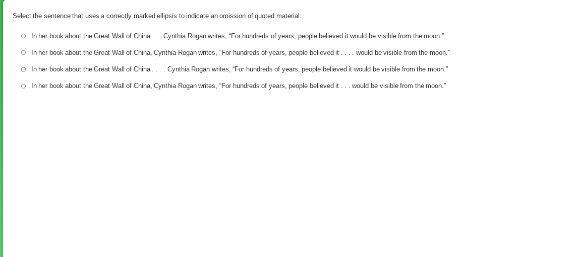 select the sentence that uses a correctly marked ellipsis to indicate a…