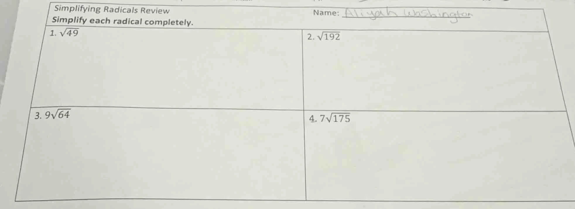 simplifying radicals review name: aliyah washington simplify each radic…