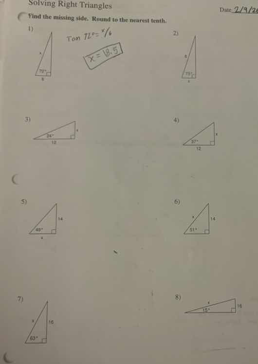 solving right triangles date: 2/9/20 find the missing side. round to th…