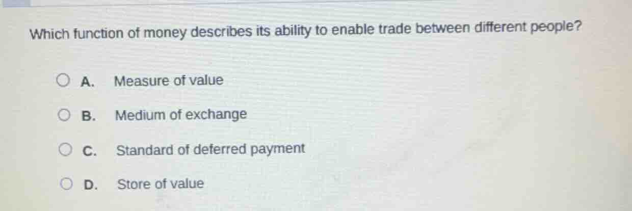 which function of money describes its ability to enable trade between d…
