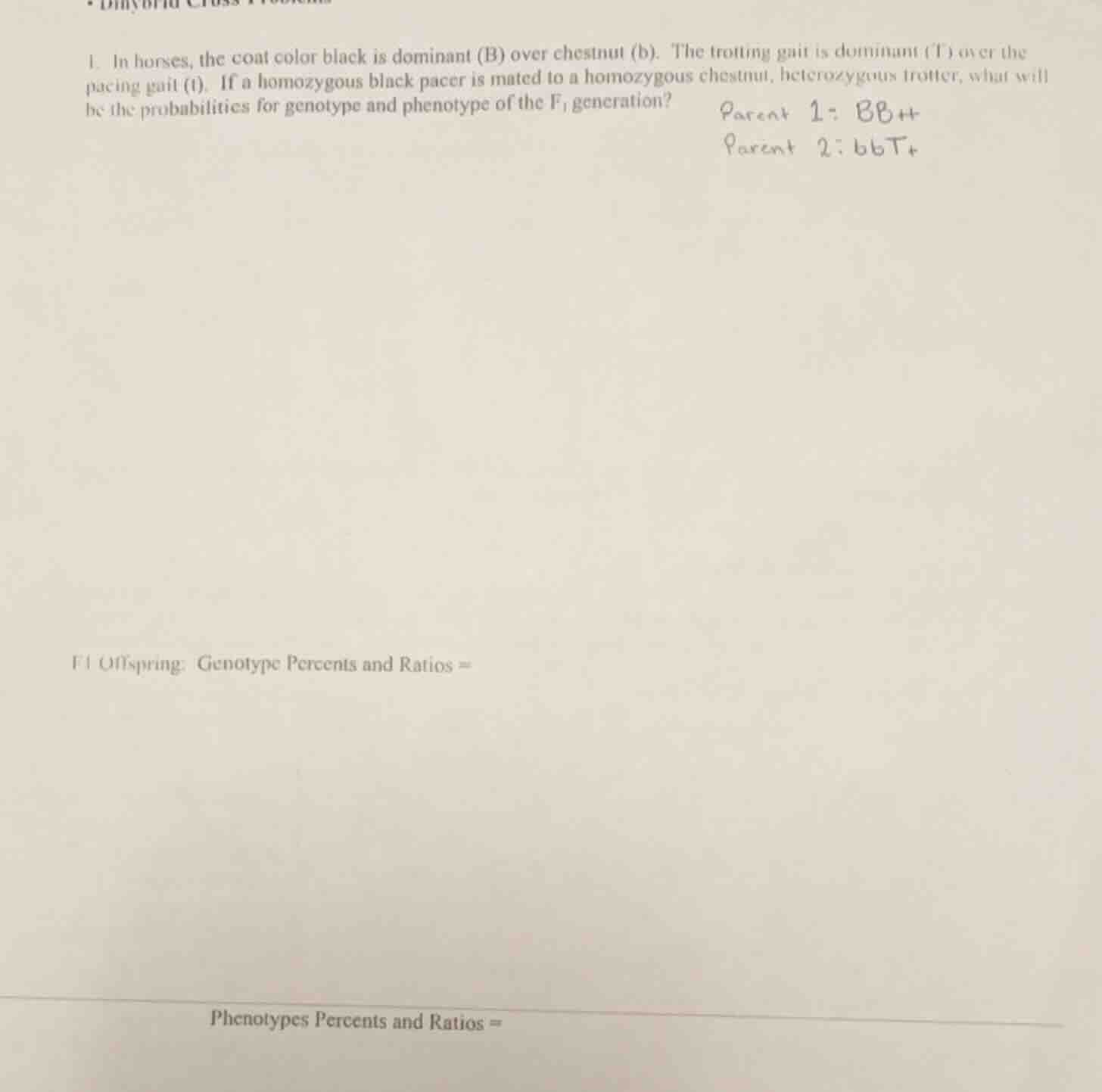 1. in horses, the coat color black is dominant (b) over chestnut (b). t…