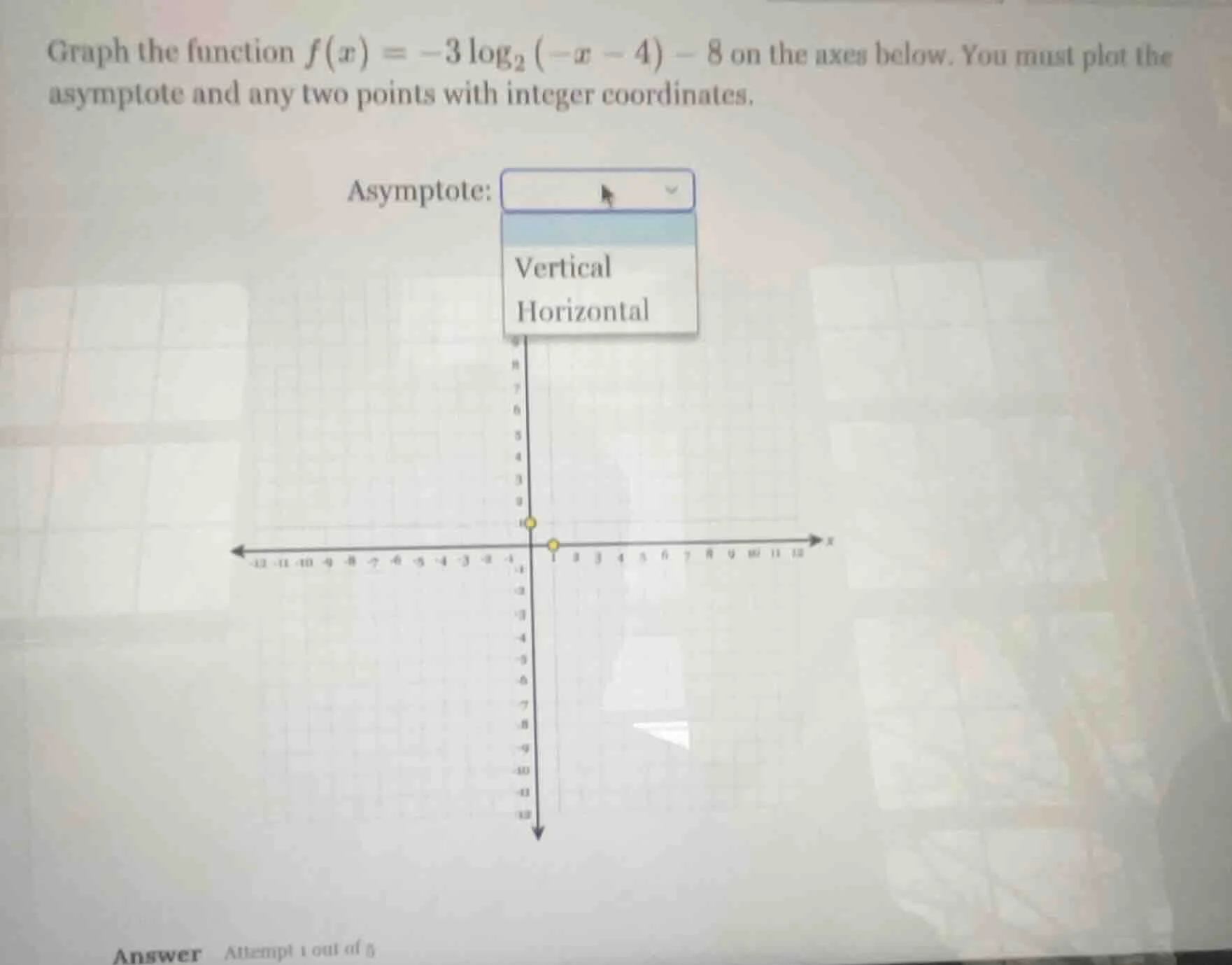graph the function $f(x) = -3\\log_{2}(-x - 4) - 8$ on the axes below. …