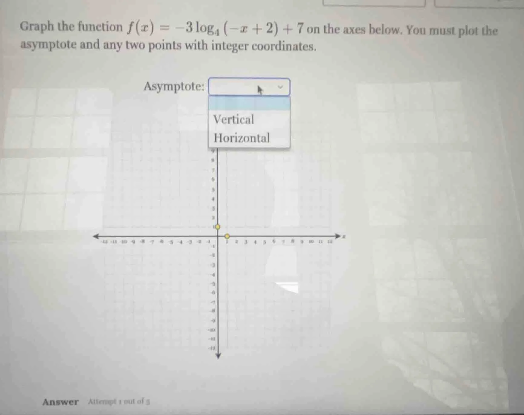 graph the function $f(x) = -3\\log_{4}(-x + 2) + 7$ on the axes below. …