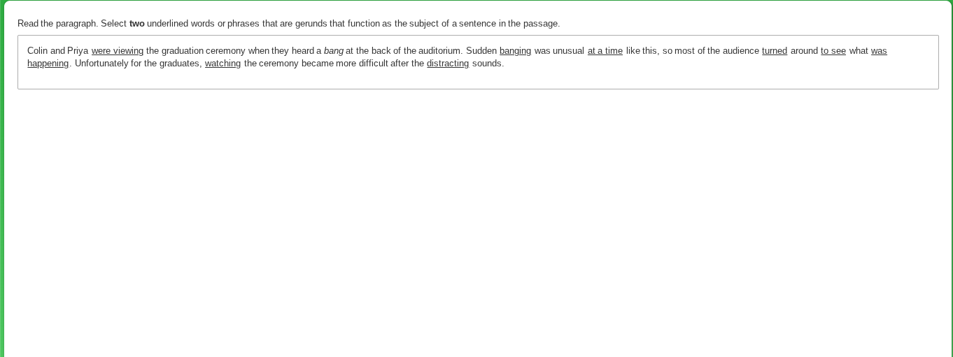 read the paragraph. select two underlined words or phrases that are ger…
