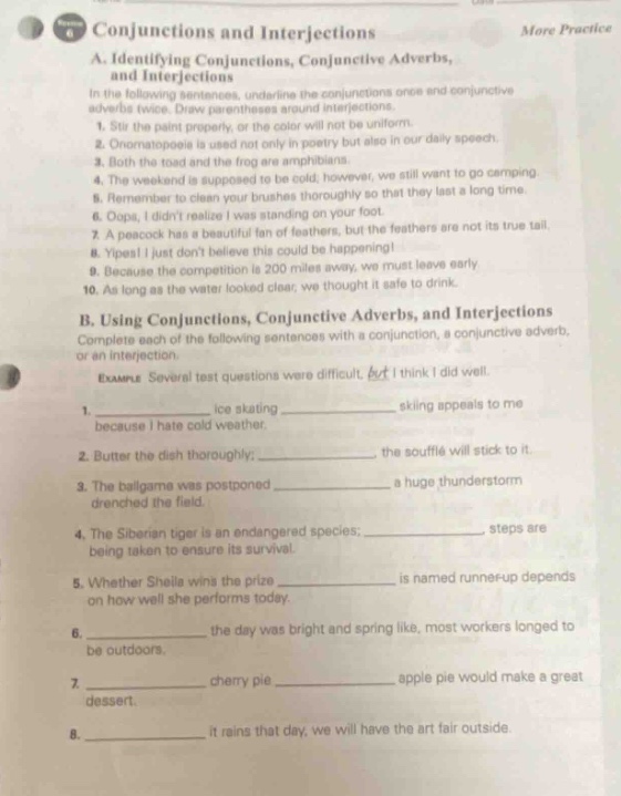 conjunctions and interjections more practice a. identifying conjunction…