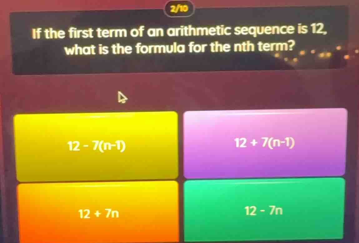 2/10 if the first term of an arithmetic sequence is 12, what is the for…