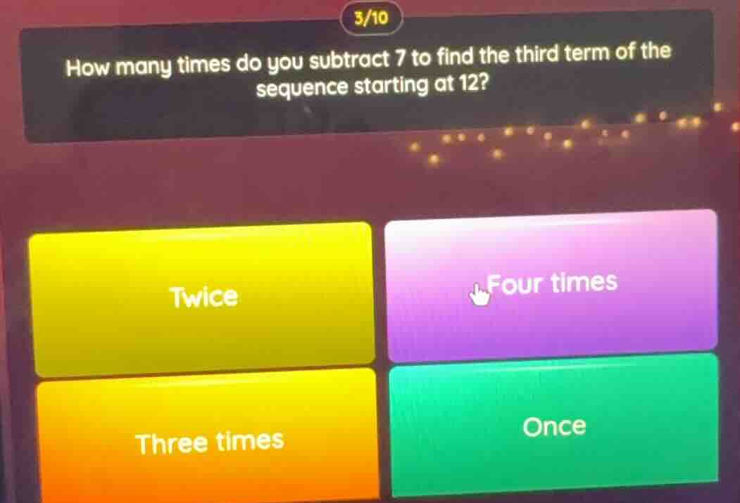 3/10 how many times do you subtract 7 to find the third term of the seq…