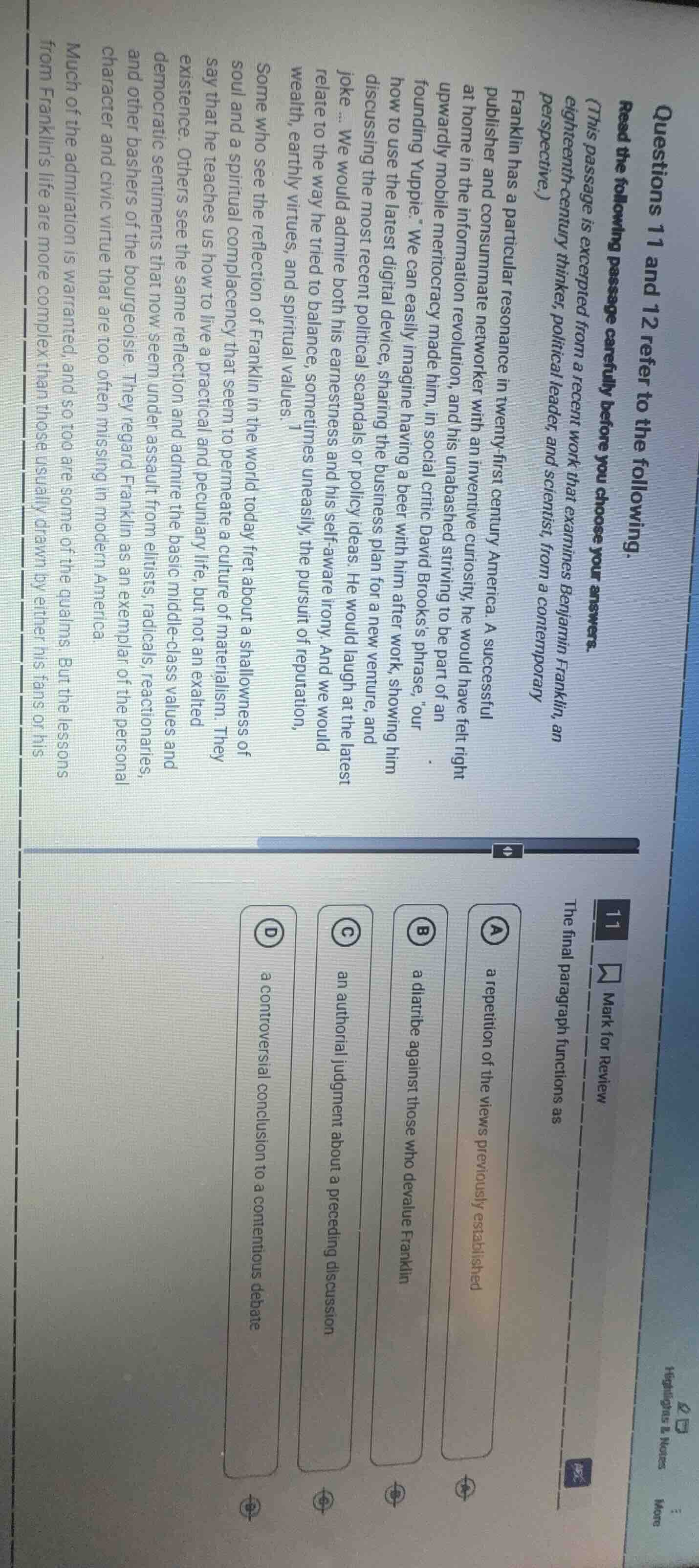 questions 11 and 12 refer to the following.read the following passage c…