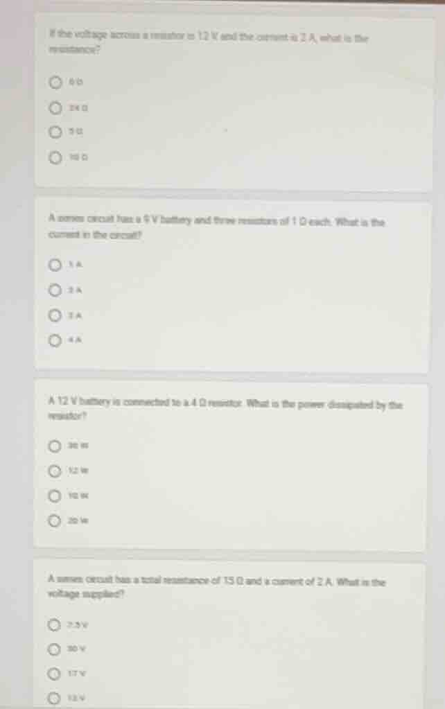 1. if the voltage across a resistor is 12 v and the current is 2 a, wha…