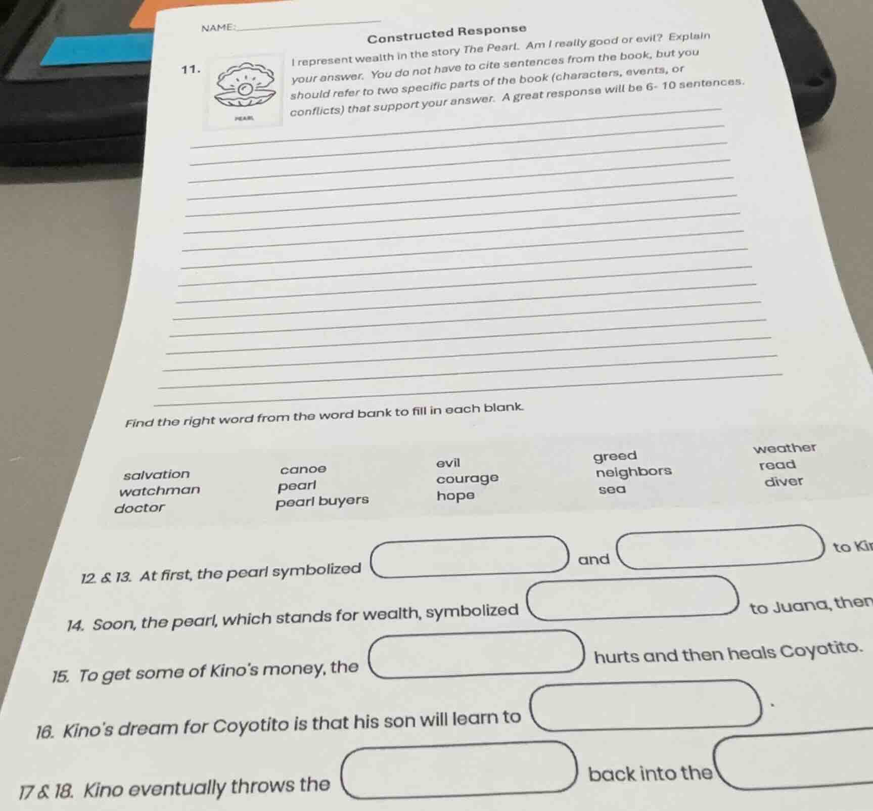 name:___________constructed response11. i represent wealth in the story…