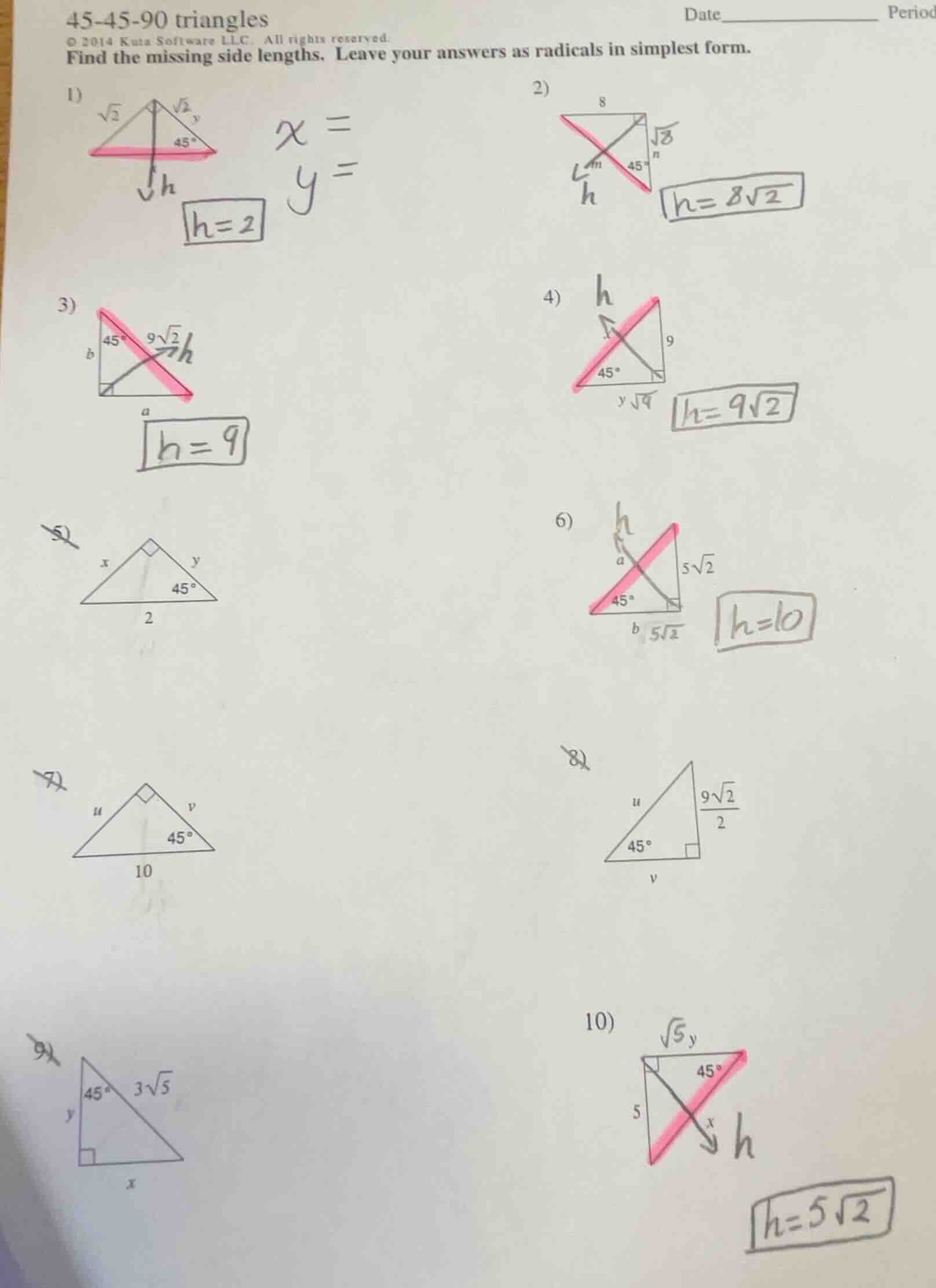 45-45-90 triangles date__________ period © 2014 kuta software llc. all …