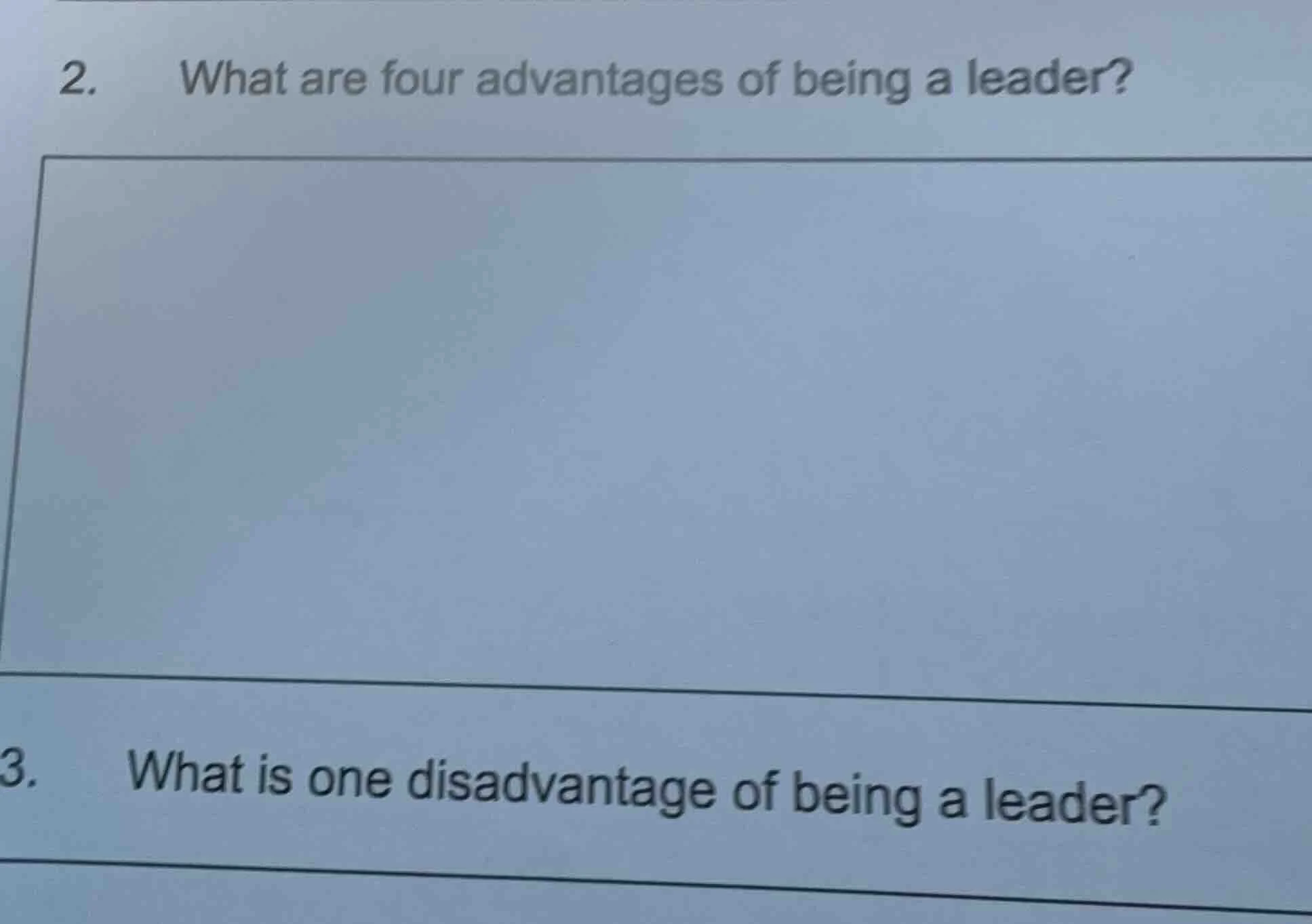 2. what are four advantages of being a leader? 3. what is one disadvant…