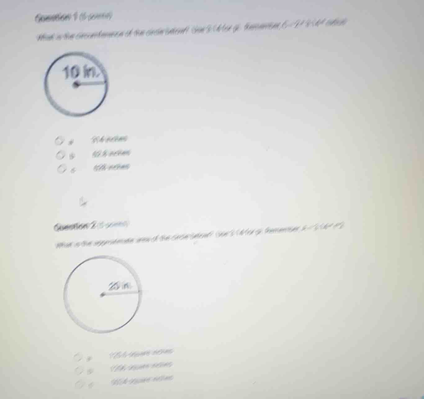 question 1 (5 points)what is the circumference of the circle below? use…