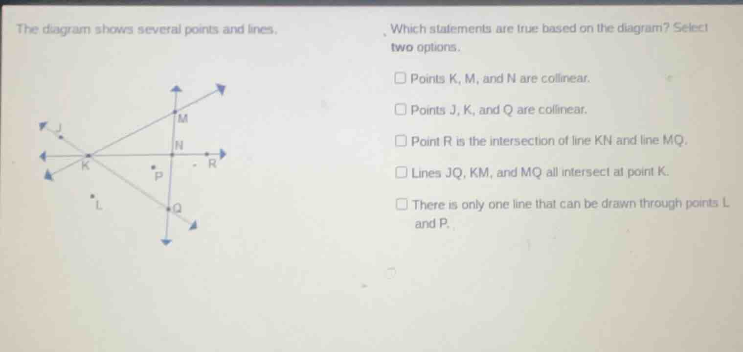 the diagram shows several points and lines. which statements are true b…