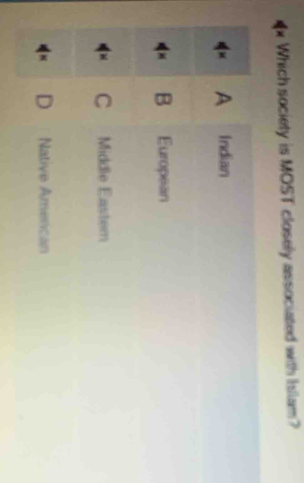 which society is most closely associated with islam? a indian b europea…