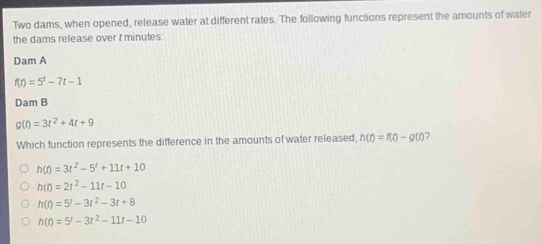 two dams, when opened, release water at different rates. the following …
