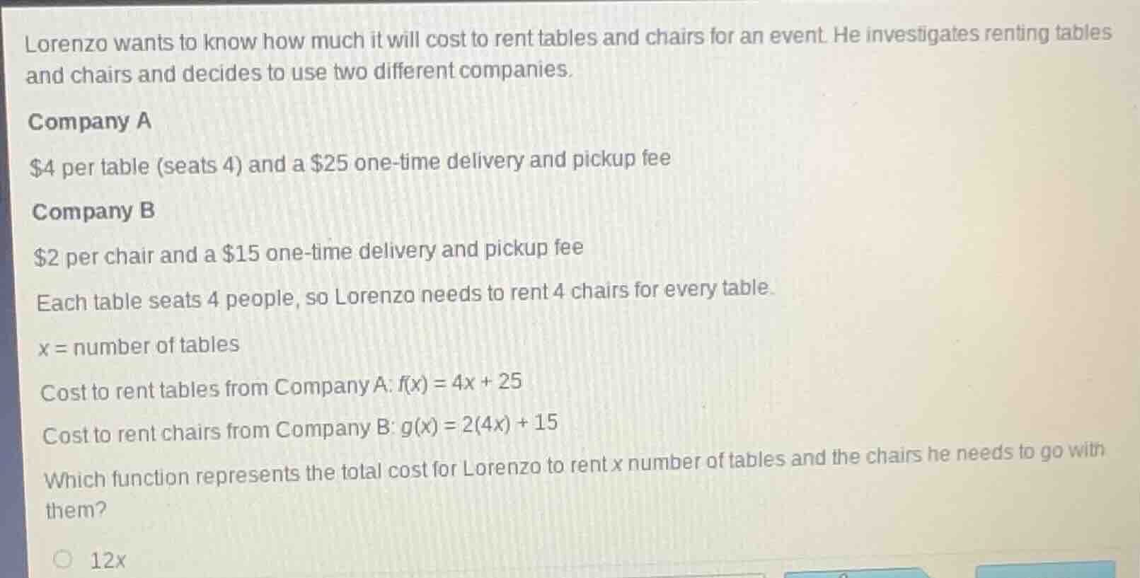 lorenzo wants to know how much it will cost to rent tables and chairs f…