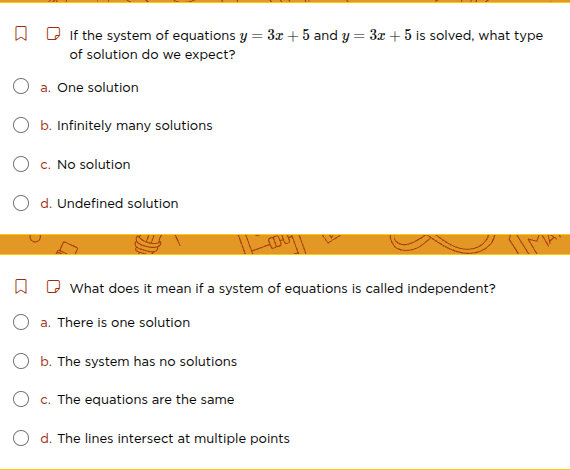 1. if the system of equations $y = 3x + 5$ and $y = 3x + 5$ is solved, …