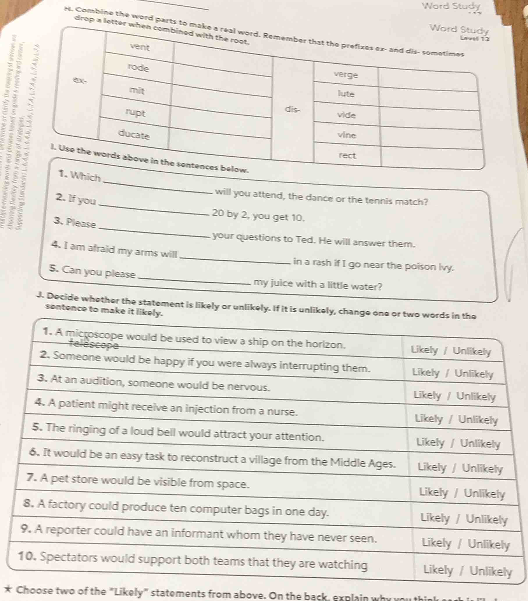 word study word study level 13 h. combine the word parts to make a real…