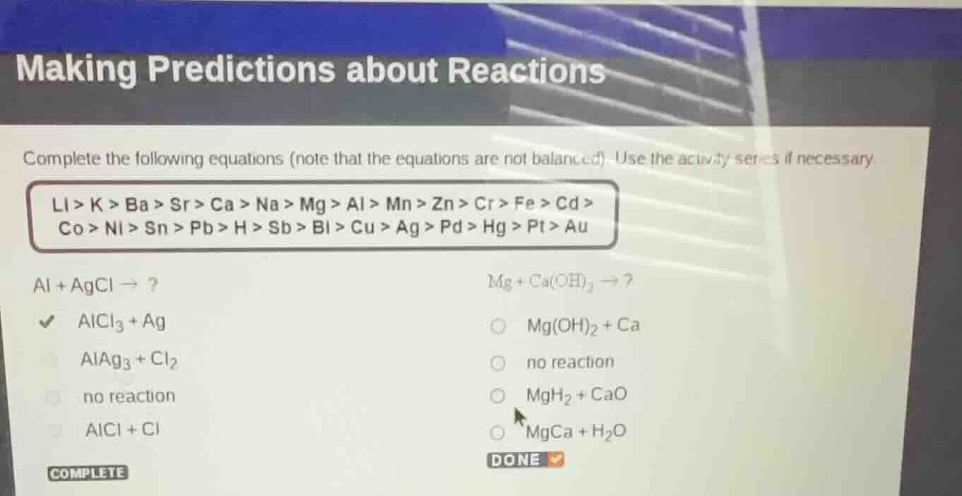 making predictions about reactions complete the following equations (no…