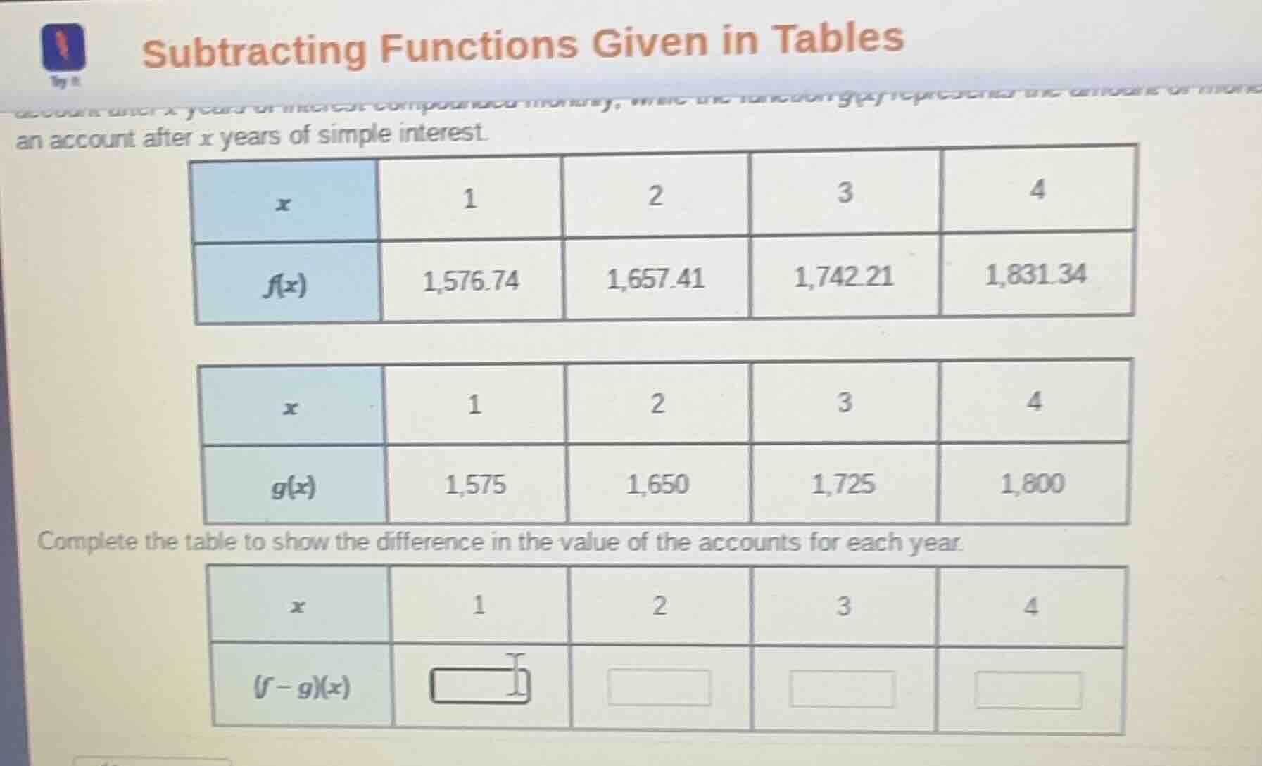 subtracting functions given in tables an account after $x$ years of sim…