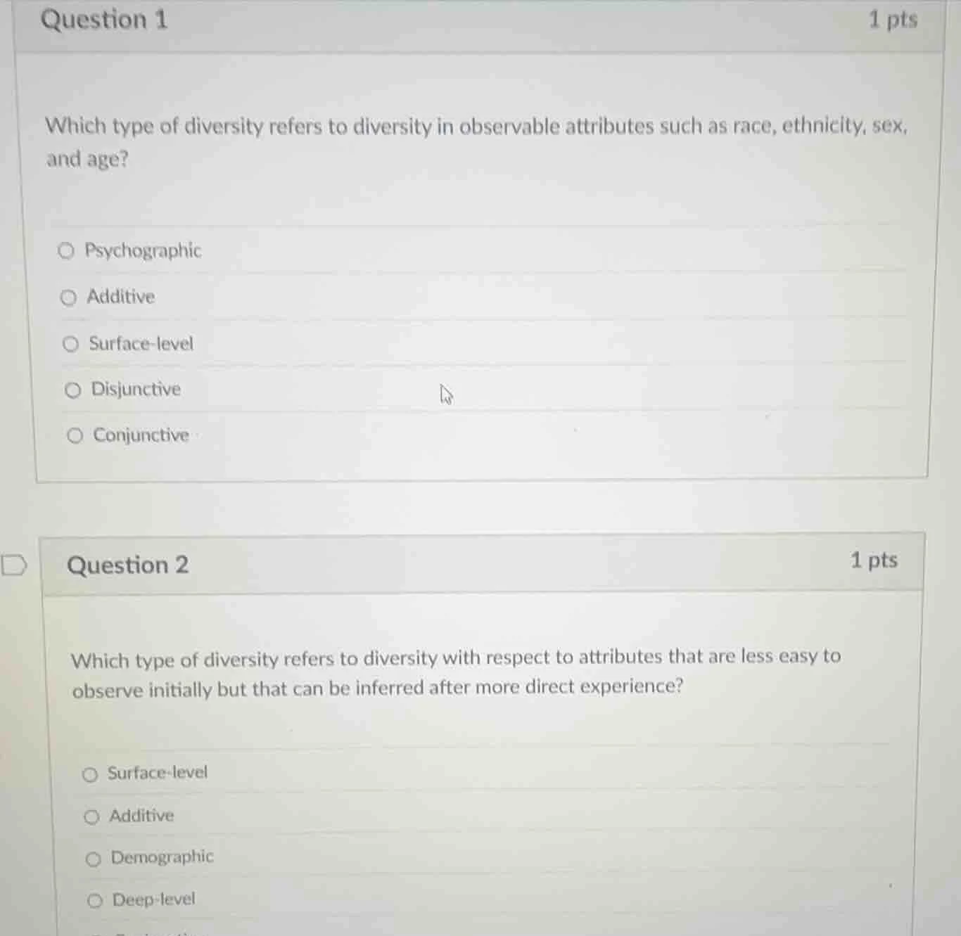 question 1 1 pts which type of diversity refers to diversity in observa…