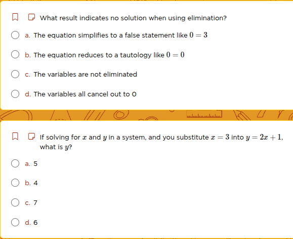 what result indicates no solution when using elimination? a. the equati…