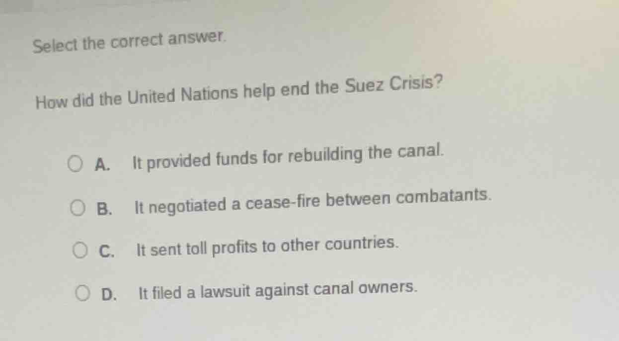 select the correct answer. how did the united nations help end the suez…