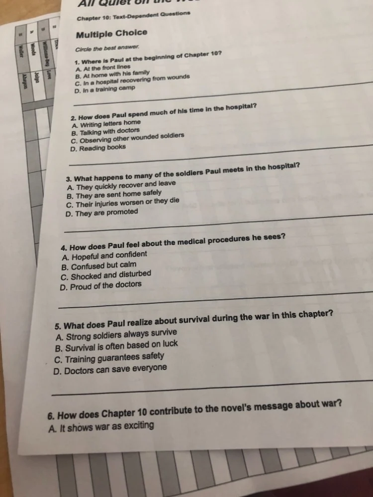 all quiet on the wechapter 10: text-dependent questionsmultiple choicec…