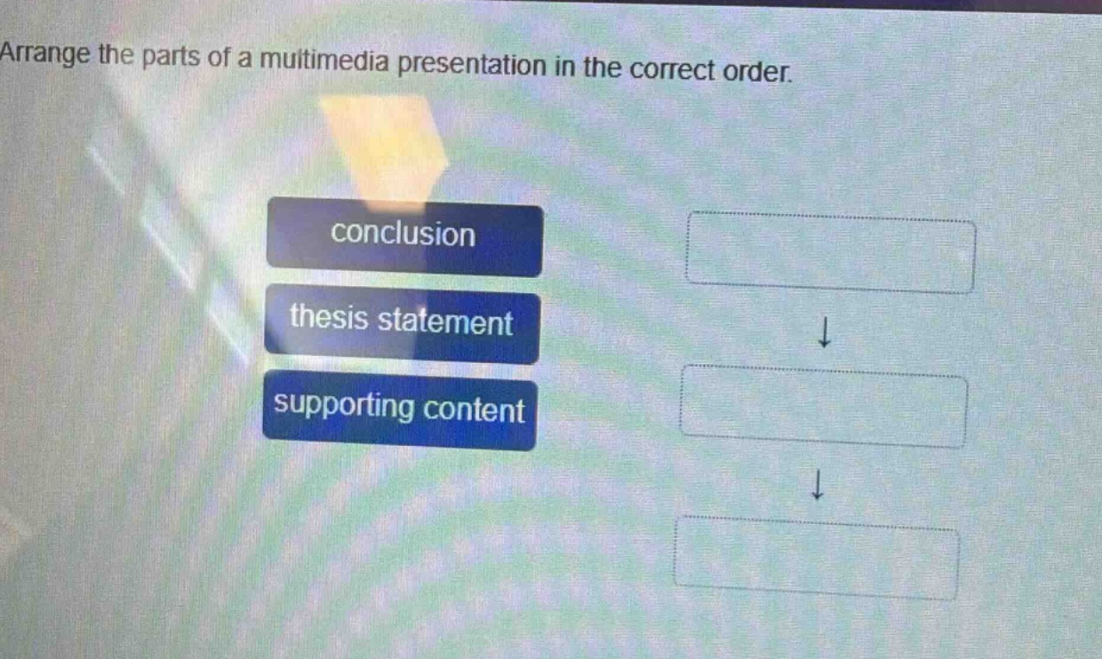arrange the parts of a multimedia presentation in the correct order. co…