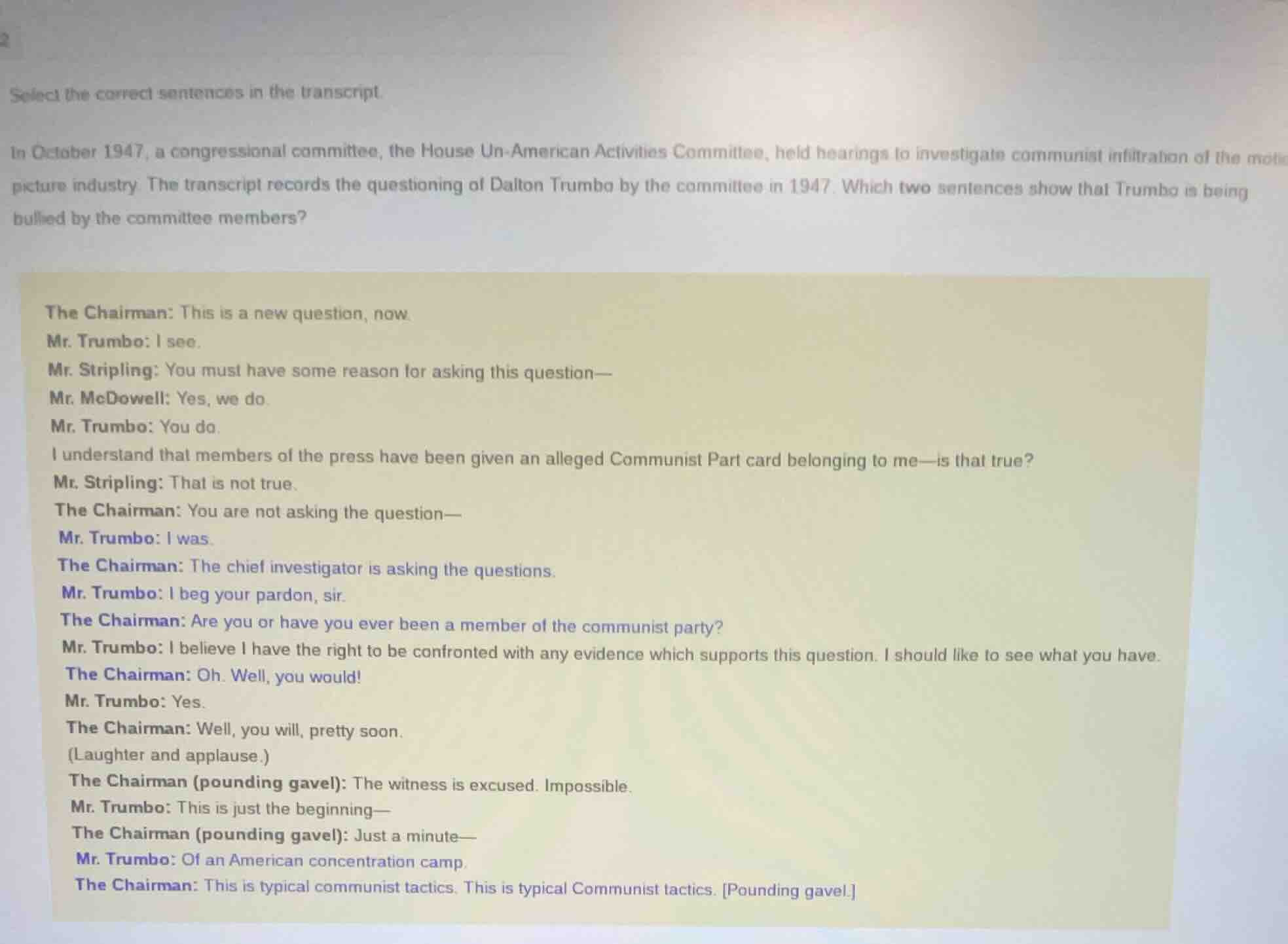 select the correct sentences in the transcript. in october 1947, a cong…