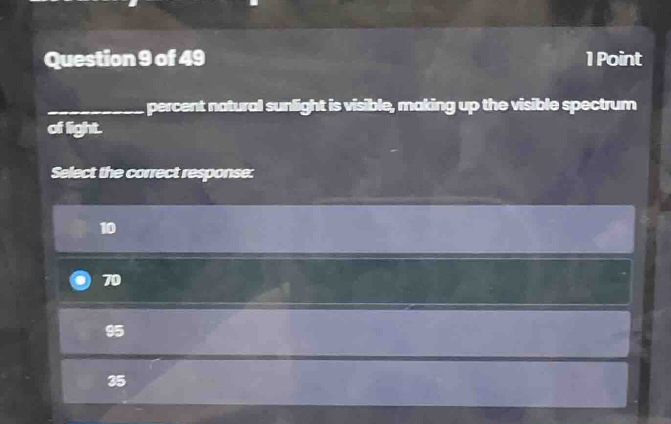 question 9 of 49 1 point __________ percent natural sunlight is visible…