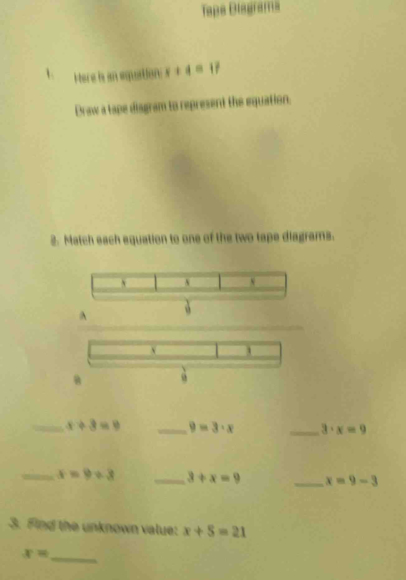 tape diagrams 1. here is an equation: $x + 4 = 17$ draw a tape diagram …