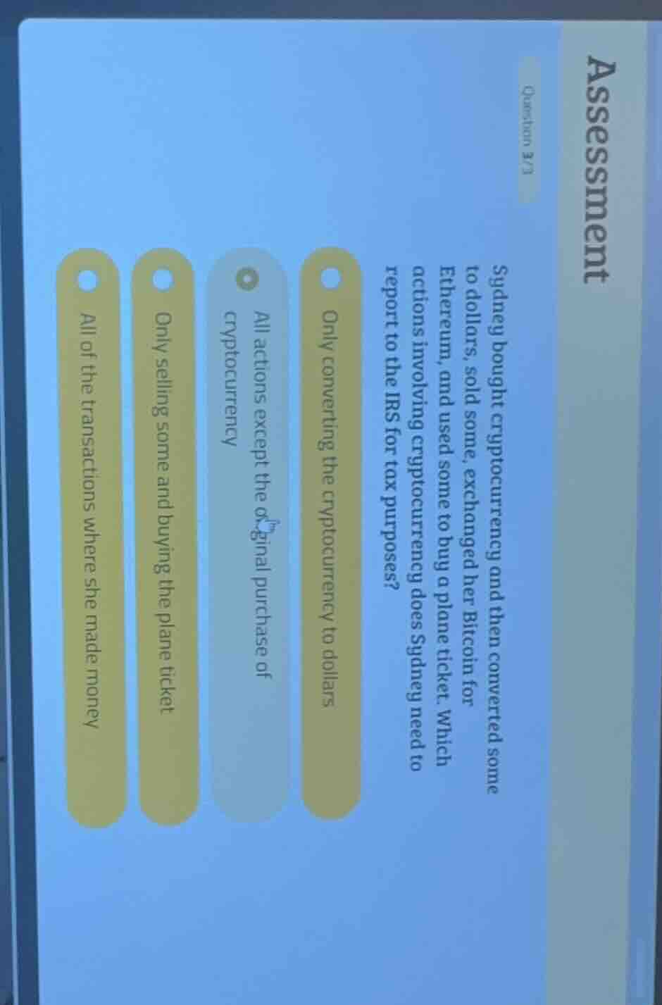 assessment question 3/3 sydney bought cryptocurrency and then converted…