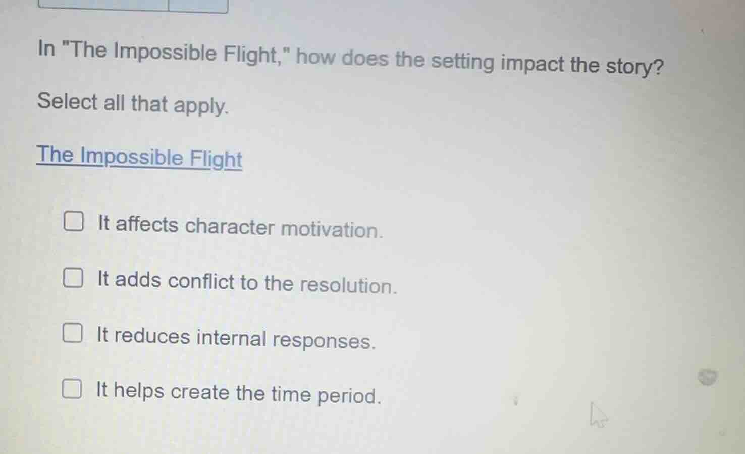in \the impossible flight,\ how does the setting impact the story? sele…
