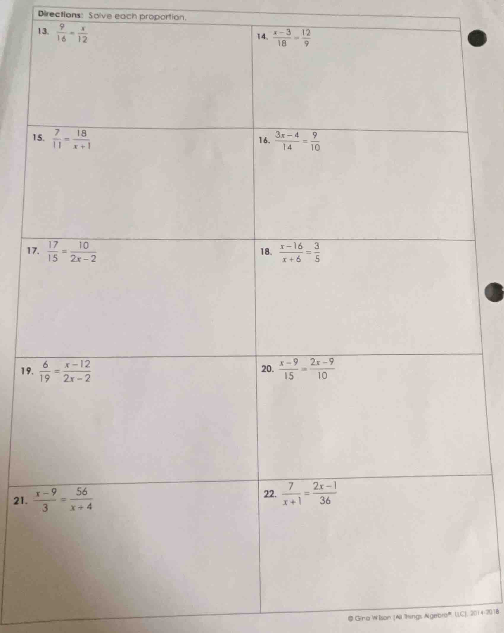 directions: solve each proportion. 13. $\frac{9}{16}=\frac{x}{12}$ 14. …
