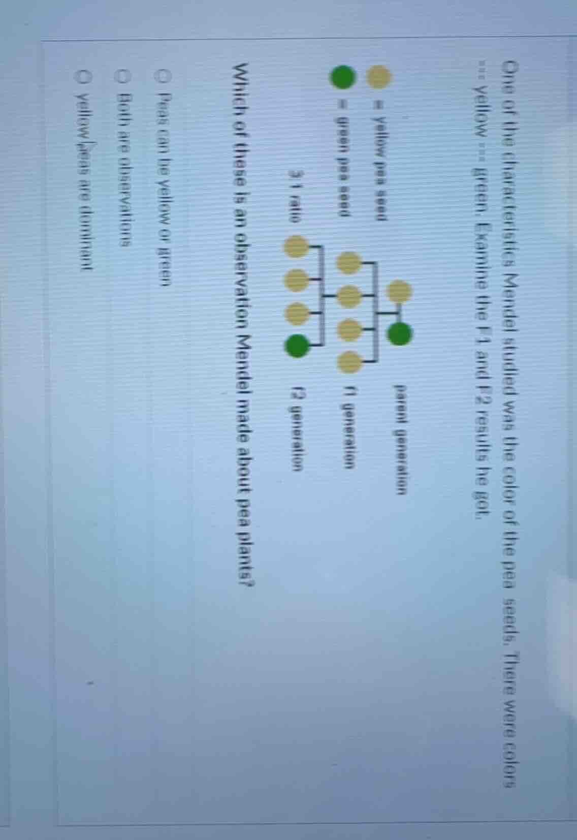 one of the characteristics mendel studied was the color of the pea seed…