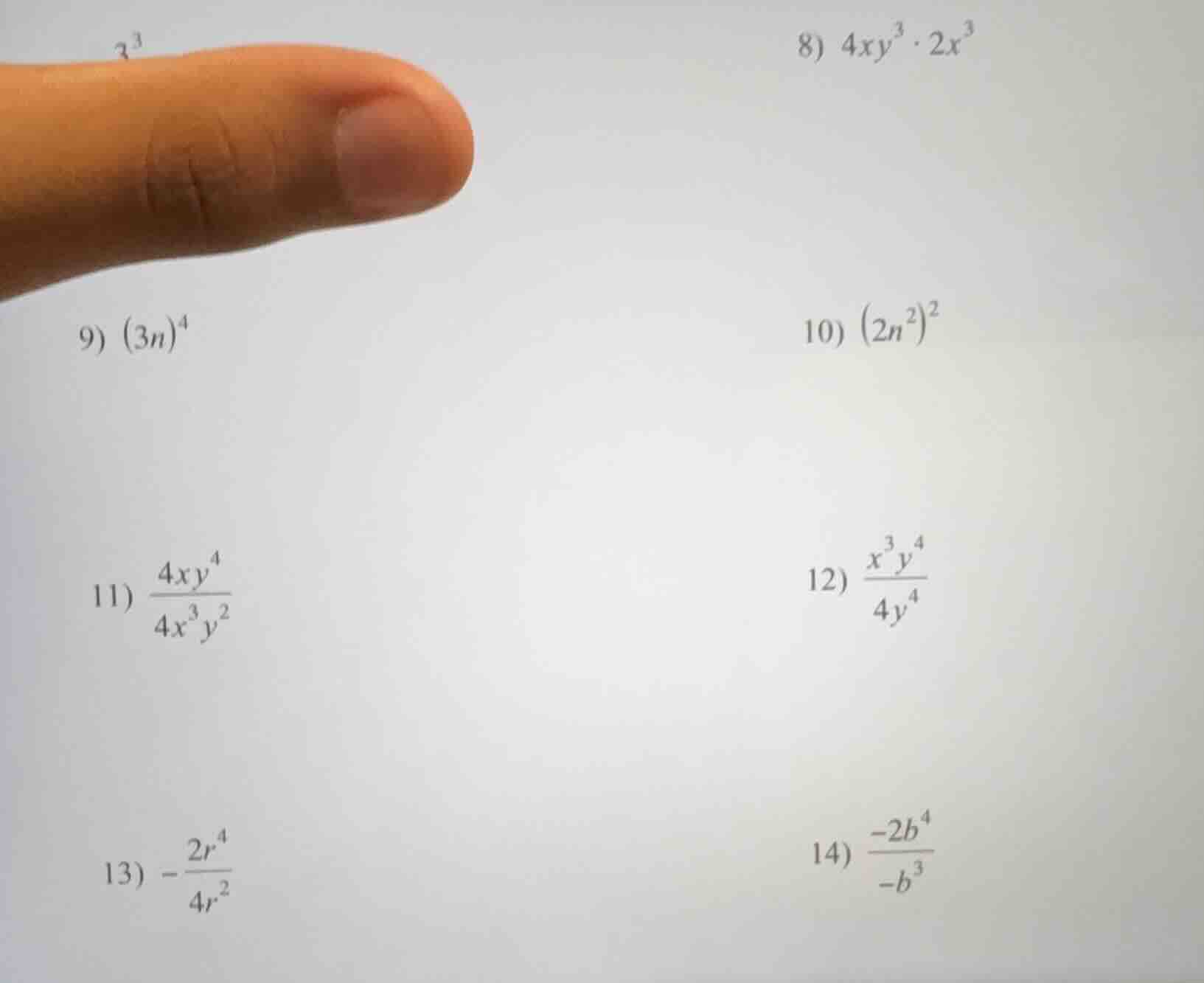 8) $4xy^{3} \\cdot 2x^{3}$ 9) $(3n)^{4}$ 10) $(2n^{2})^{2}$ 11) $\\frac…