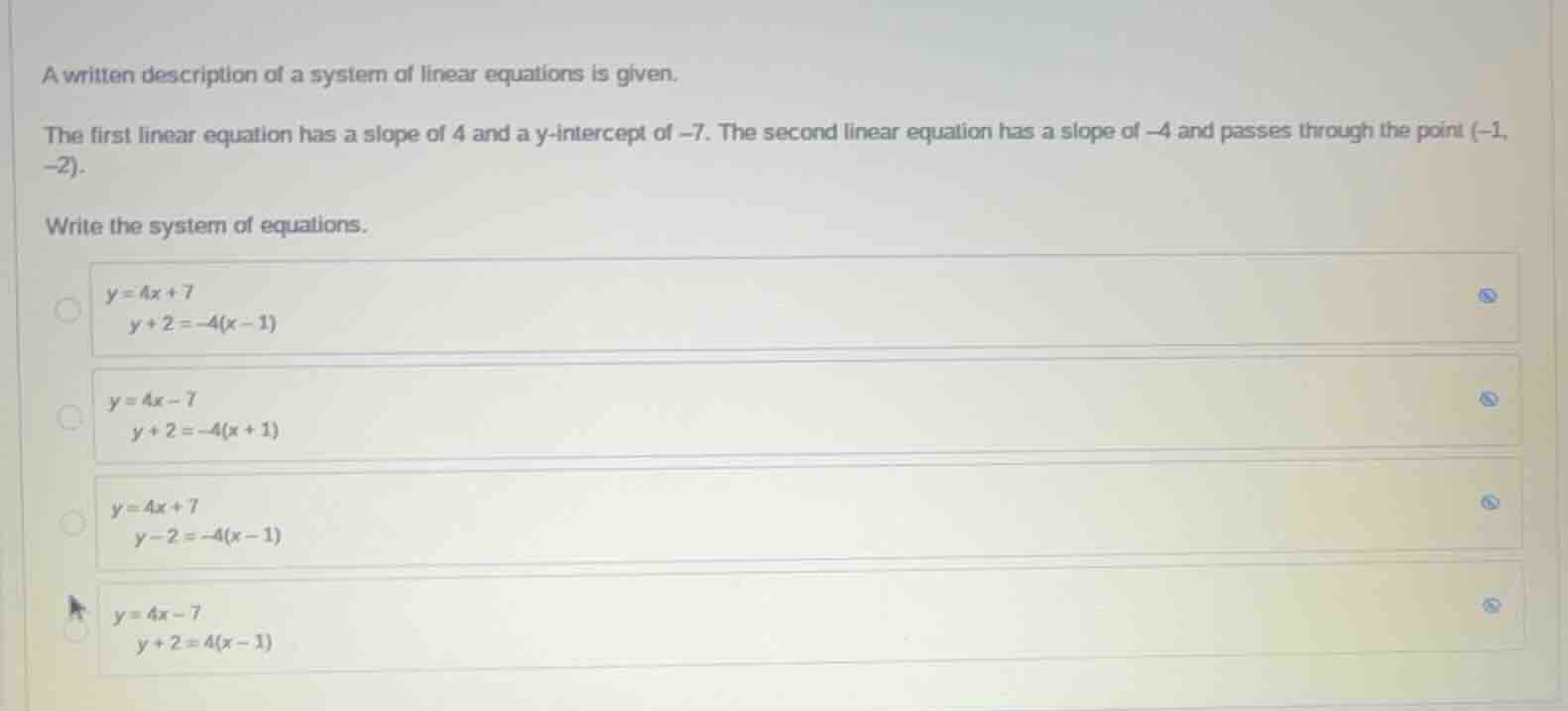 a written description of a system of linear equations is given. the fir…
