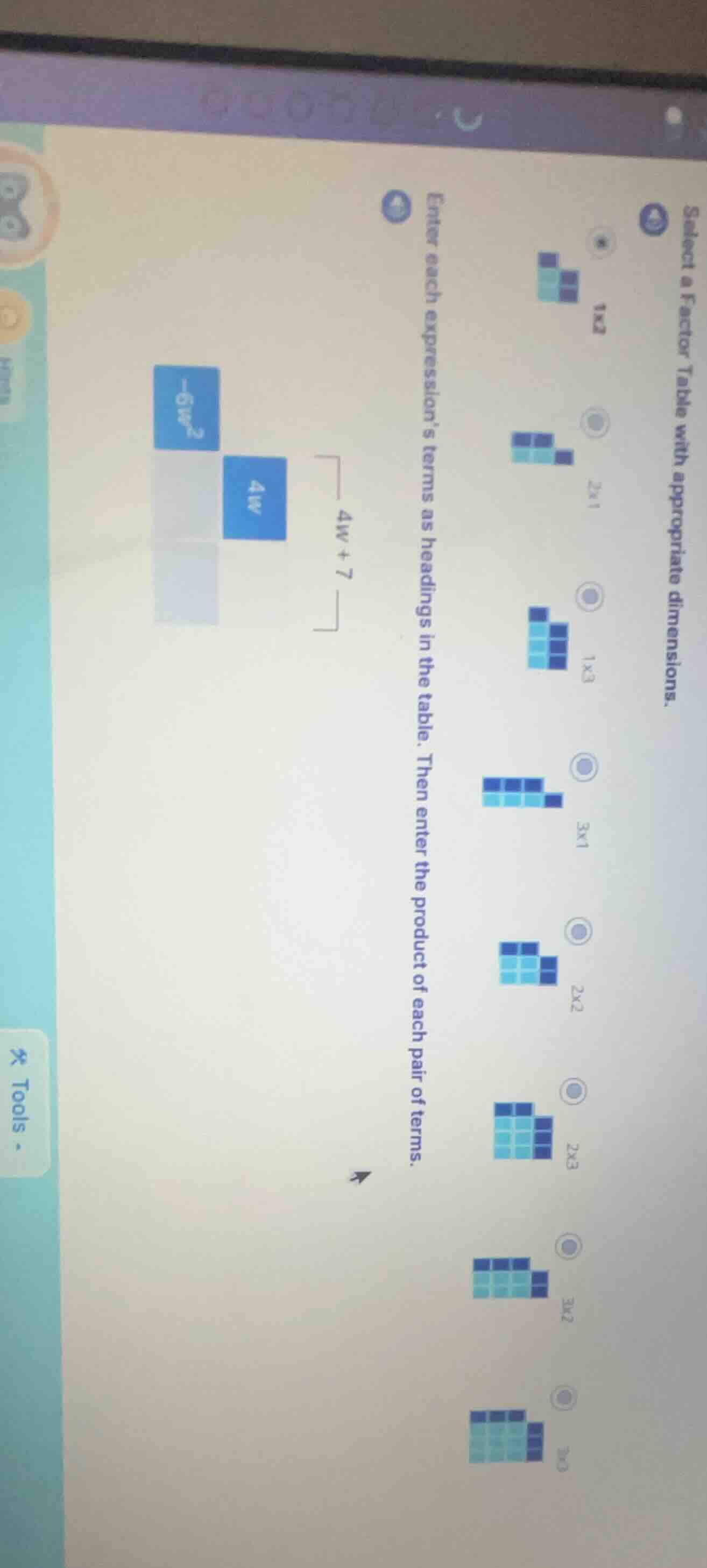 select a factor table with appropriate dimensions. 1x2 2x1 1x3 3x1 2x2 …