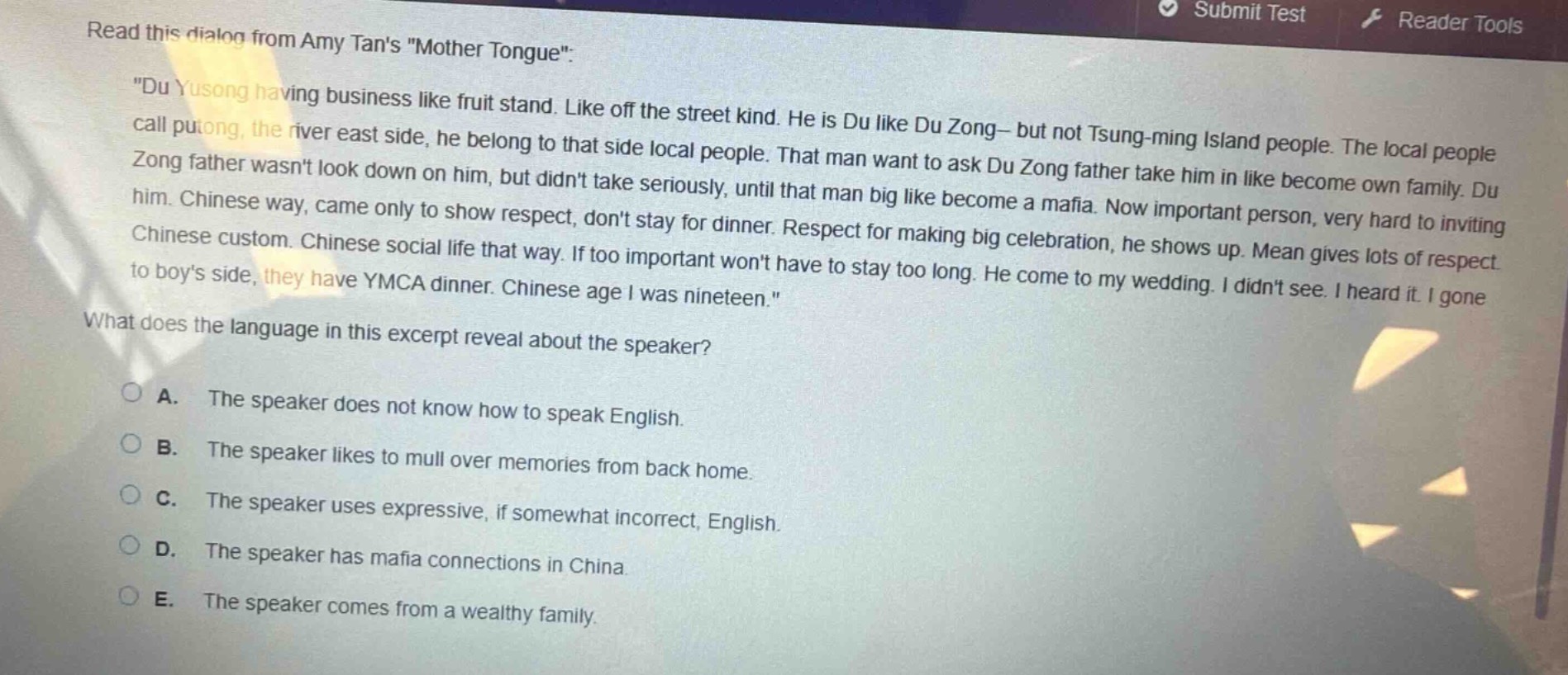 read this dialog from amy tans mother tongue: du yusong having business…
